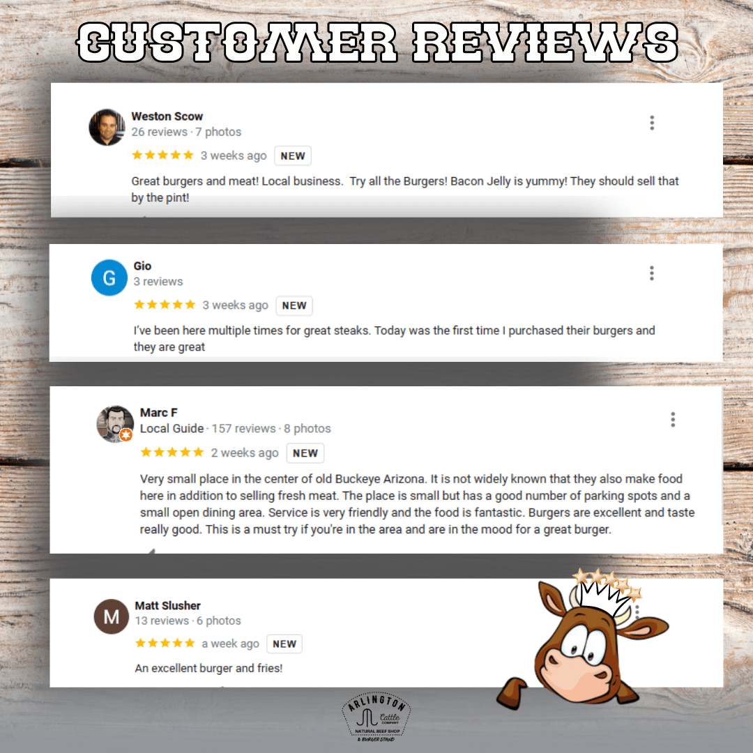 Google customer reviews praising the burgers and fresh local beef